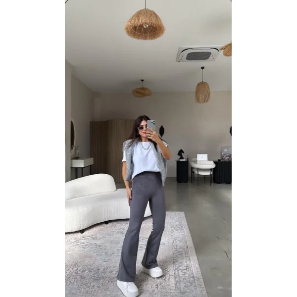 Kadın Yüksek Bel üet Kumaş Ispanyol Paça Detay Pantolon