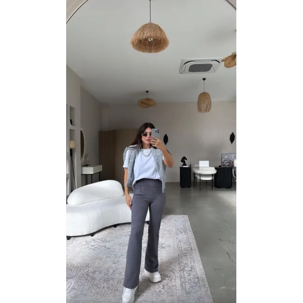 Kadın Yüksek Bel üet Kumaş Ispanyol Paça Detay Pantolon