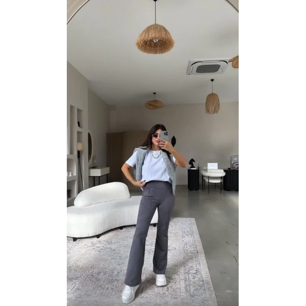 Kadın Yüksek Bel üet Kumaş Ispanyol Paça Detay Pantolon