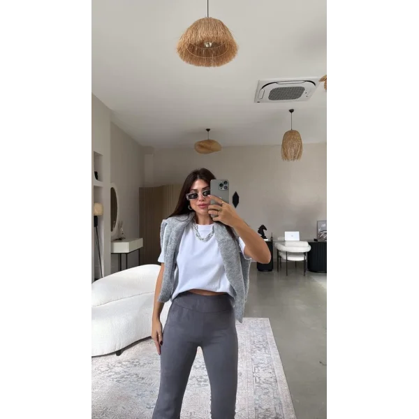 Kadın Yüksek Bel üet Kumaş Ispanyol Paça Detay Pantolon