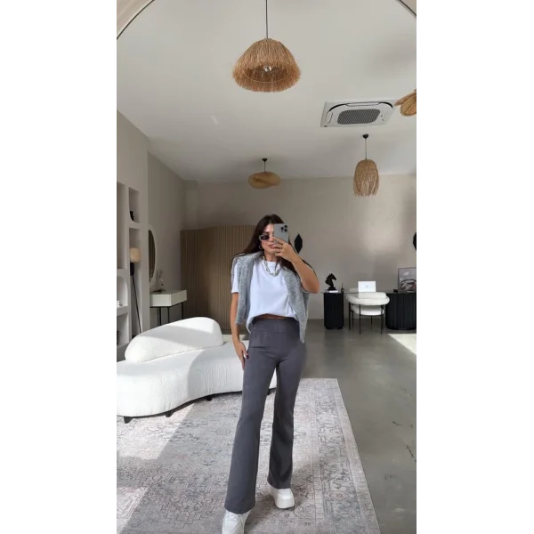 Kadın Yüksek Bel üet Kumaş Ispanyol Paça Detay Pantolon