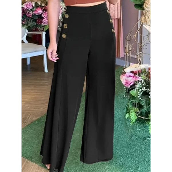 Kadın Yüksek Bel Yan Düğme Detaylı Geniş Paçalı Ithal Krep Pantolon