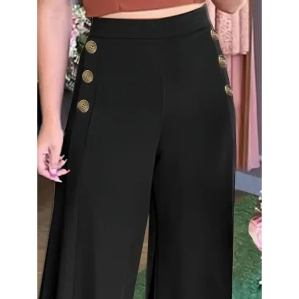 Kadın Yüksek Bel Yan Düğme Detaylı Geniş Paçalı Ithal Krep Pantolon