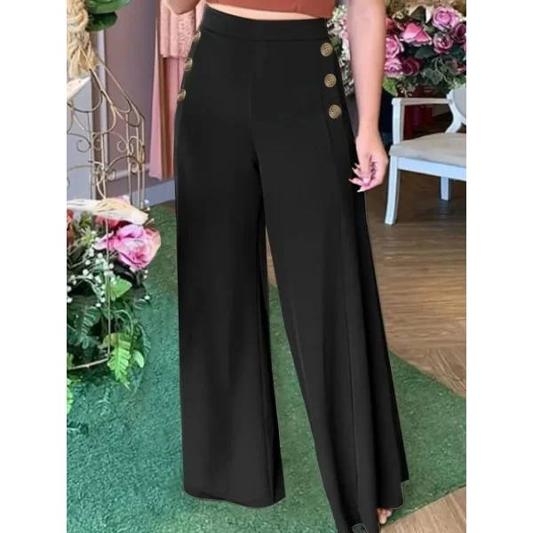 Kadın Yüksek Bel Yan Düğme Detaylı Geniş Paçalı Ithal Krep Pantolon