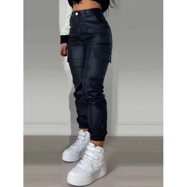 Kadın Yüksek Bel Yan Kargo Cep Detaylı Deri Pantolon