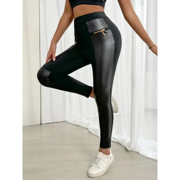 Kadın Yüksek Bel Yan şerit Deri Detay Fermuarlı Dalgıç Tayt