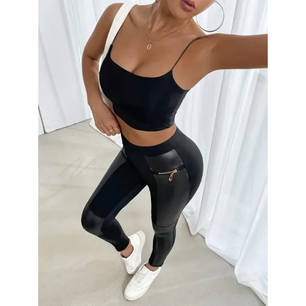 Kadın Yüksek Bel Yan şerit Deri Detay Fermuarlı Dalgıç Tayt