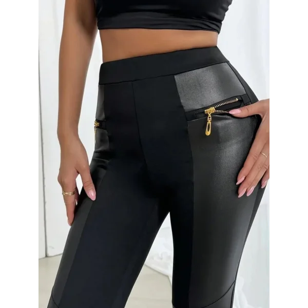 Kadın Yüksek Bel Yan şerit Deri Detay Fermuarlı Dalgıç Tayt