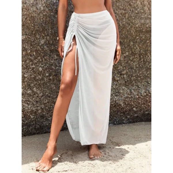 Kadın Yüksek Bel Yandan Büzgülü Uzun Tül Detaylı Pareo