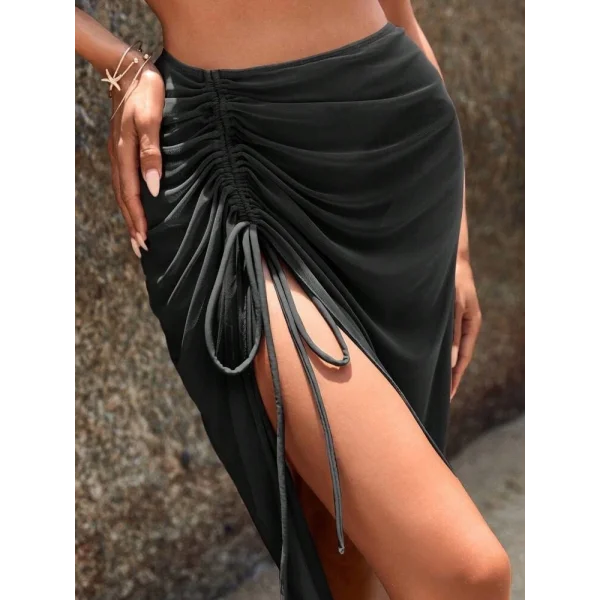 Kadın Yüksek Bel Yandan Büzgülü Uzun Tül Detaylı Pareo