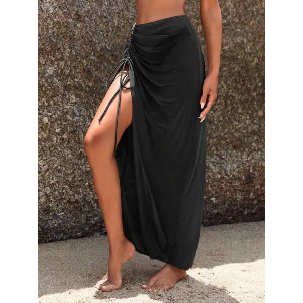 Kadın Yüksek Bel Yandan Büzgülü Uzun Tül Detaylı Pareo