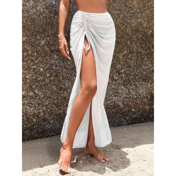 Kadın Yüksek Bel Yandan Büzgülü Uzun Tül Detaylı Pareo