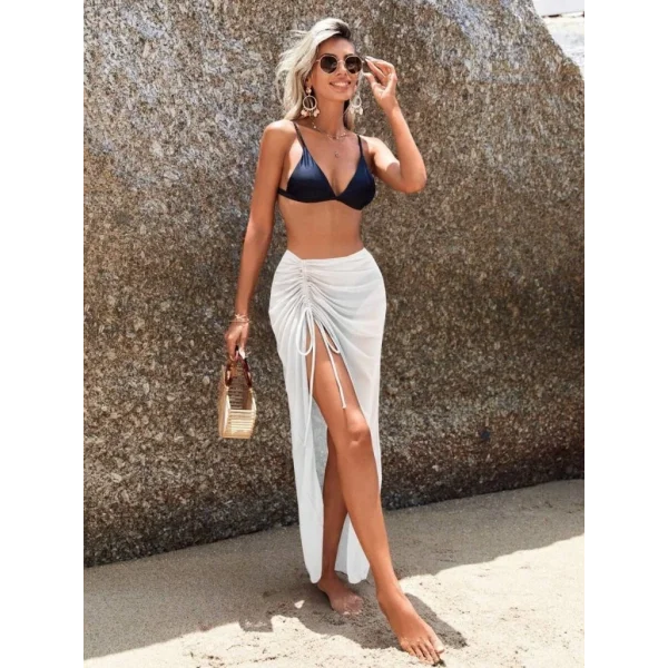 Kadın Yüksek Bel Yandan Büzgülü Uzun Tül Detaylı Pareo