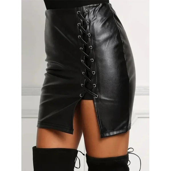 Kadın Yüksek Bel Yandan çapraz Bağcıklı Yırtmaçlı Mini Deri Etek