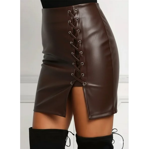 Kadın Yüksek Bel Yandan çapraz Bağcıklı Yırtmaçlı Mini Deri Etek