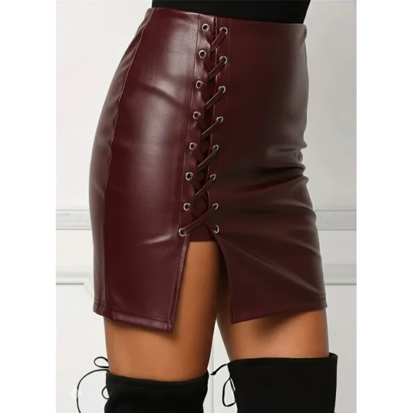 Kadın Yüksek Bel Yandan çapraz Bağcıklı Yırtmaçlı Mini Deri Etek