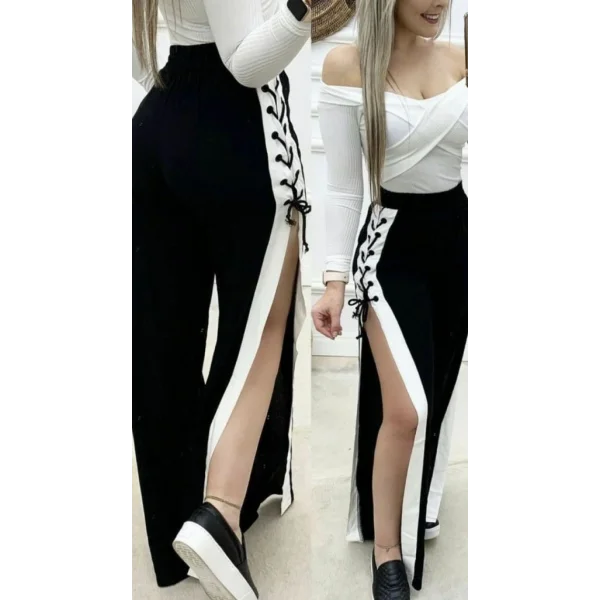 Kadın Yüksek Bel Yandan çapraz Bağcıklı Yırtmaçlı Viskon Iki Iplik Pantolon