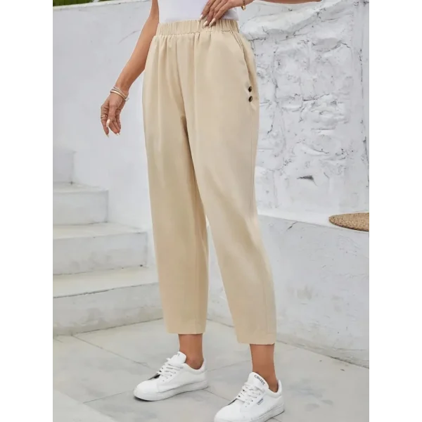 Kadın Yüksek Bel Yandan Cepli Düğme Detaylı Geniş Kesim Ithal Krep Pantolon