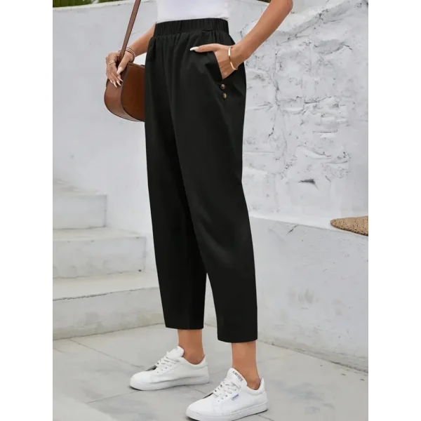 Kadın Yüksek Bel Yandan Cepli Düğme Detaylı Geniş Kesim Ithal Krep Pantolon