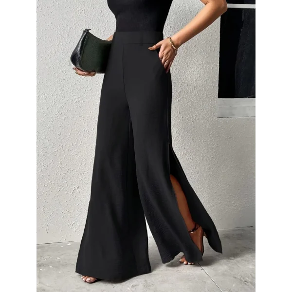 Kadın Yüksek Bel Yandan Fermuarlı Yırtmaçlı Geniş Paçalı Aerobin Pantolon