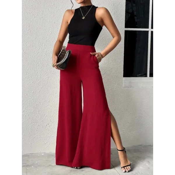 Kadın Yüksek Bel Yandan Fermuarlı Yırtmaçlı Geniş Paçalı Aerobin Pantolon