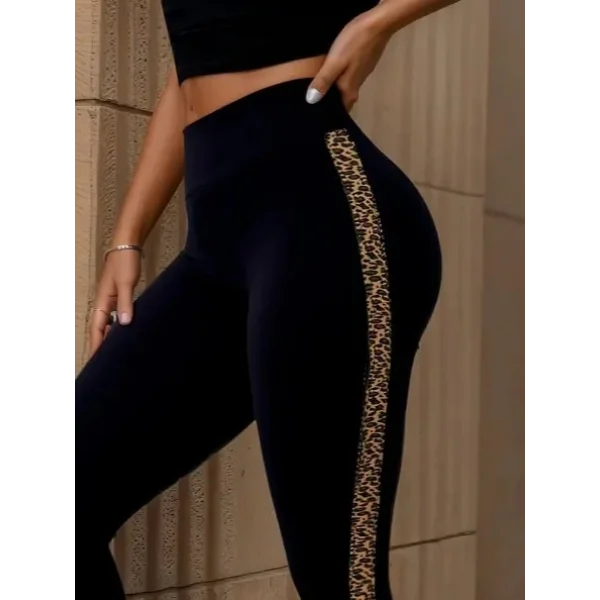 Kadın Yüksek Bel Yandan Leopar Desen Detaylı Dalgıç Tayt