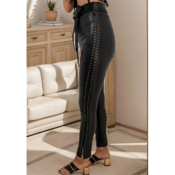 Kadın Yüksek Bel Yanlardan Incili Yırtmaçlı Uzun Deri Tayt