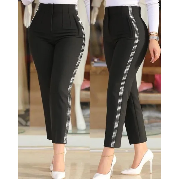 Kadın Yüksek Bel Yanlardan Taş Detaylı Ithal Krep Pantolon