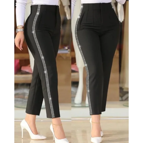 Kadın Yüksek Bel Yanlardan Taş Detaylı Ithal Krep Pantolon