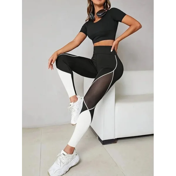 Kadın Yüksek Bel Yanlardan Tül Detaylı çift Renkli Spor Dalgıç Tayt