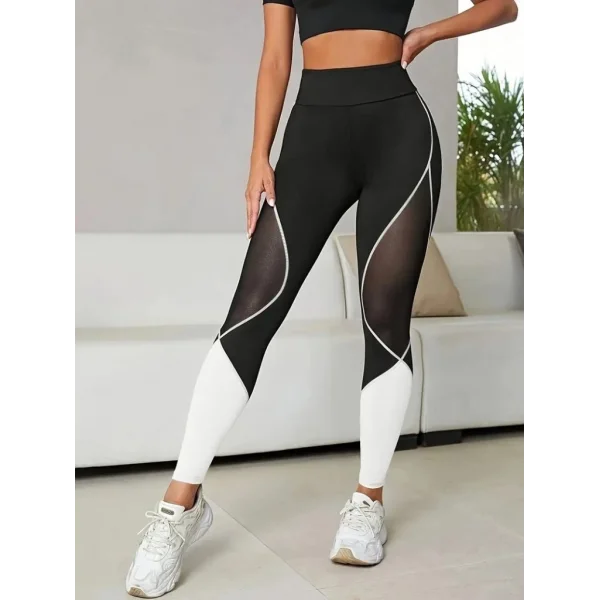 Kadın Yüksek Bel Yanlardan Tül Detaylı çift Renkli Spor Dalgıç Tayt