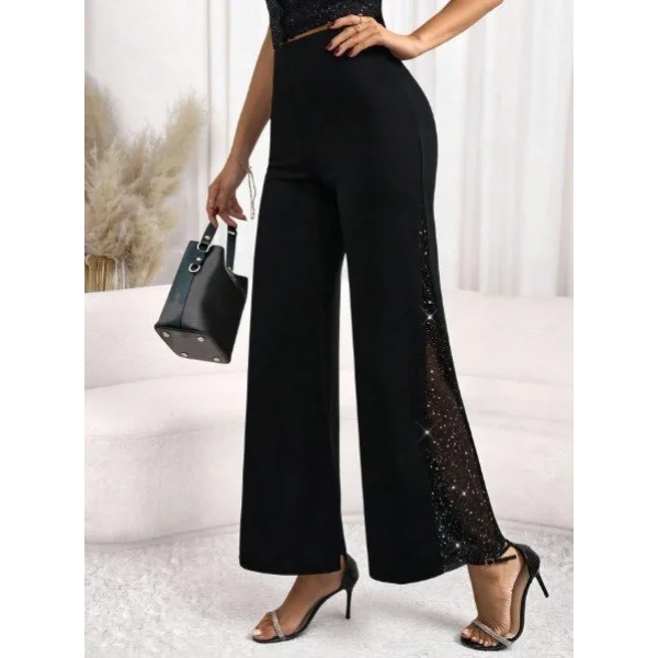 Kadın Yüksek Bel Yanlardan Tül Detaylı Ithal Krep Pantolon