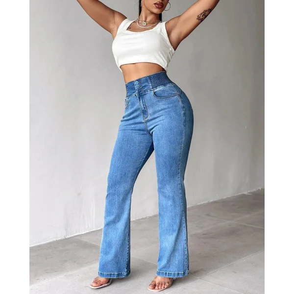 Kadın Yüksek Bel Yanları Lastik önü Düğmeli Kot Pantolon