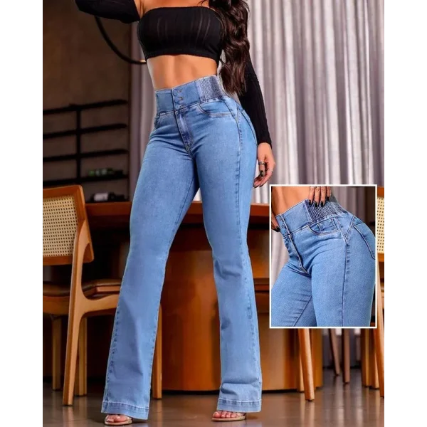 Kadın Yüksek Bel Yanları Lastik önü Düğmeli Kot Pantolon