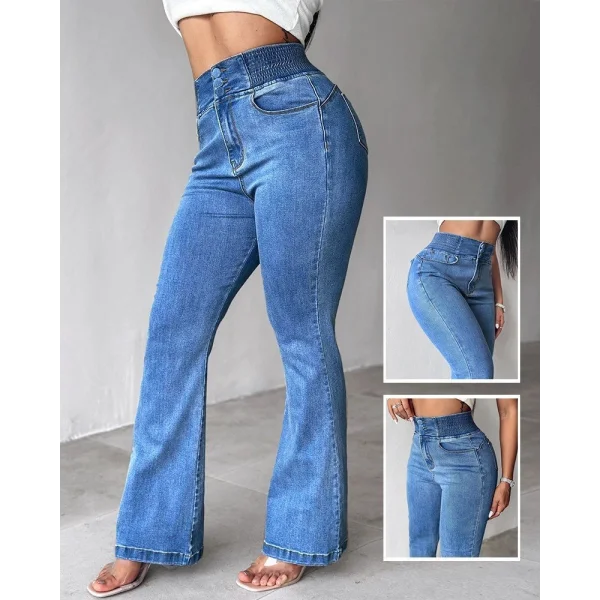 Kadın Yüksek Bel Yanları Lastik önü Düğmeli Kot Pantolon