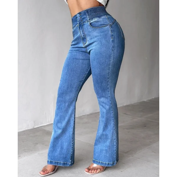 Kadın Yüksek Bel Yanları Lastik önü Düğmeli Kot Pantolon