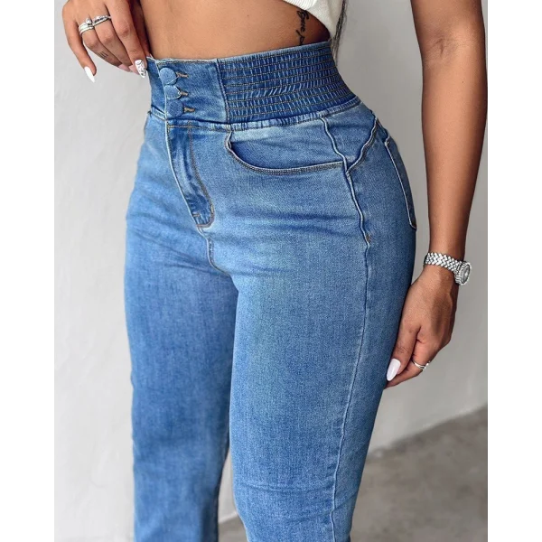 Kadın Yüksek Bel Yanları Lastik önü Düğmeli Kot Pantolon