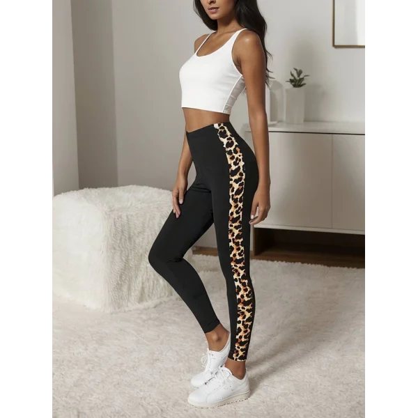 Kadın Yüksek Bel Yanları Leopar şerit Detay Dalgıç Tayt