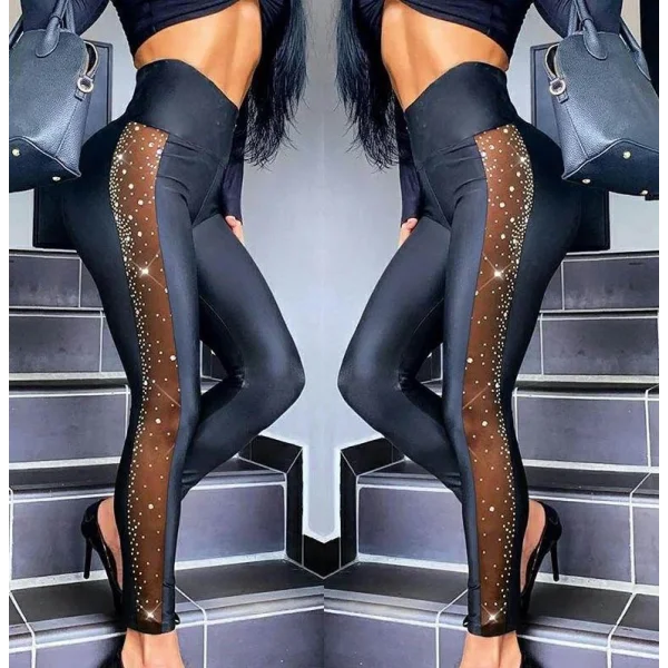 Kadın Yüksek Bel Yanları Tül Ve Taş Detay Lame Deri Tayt