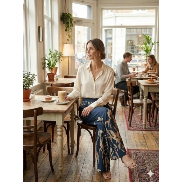 Kadın Yüksek Bel Yaprak Desenli Salaş Pantolon