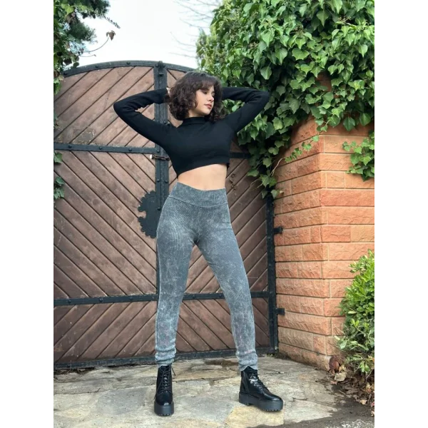 Kadın Yüksek Bel Yıkamalı Kaşkorse Kumaş Tayt