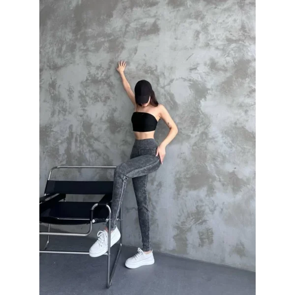 Kadın Yüksek Bel Yıkamalı Kaşkorse Kumaş Tayt