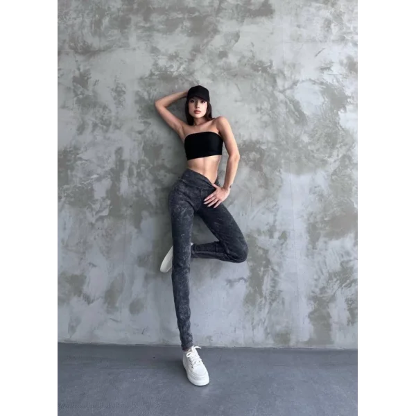 Kadın Yüksek Bel Yıkamalı Kaşkorse Kumaş Tayt