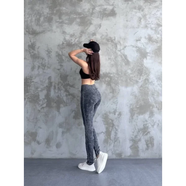 Kadın Yüksek Bel Yıkamalı Kaşkorse Kumaş Tayt