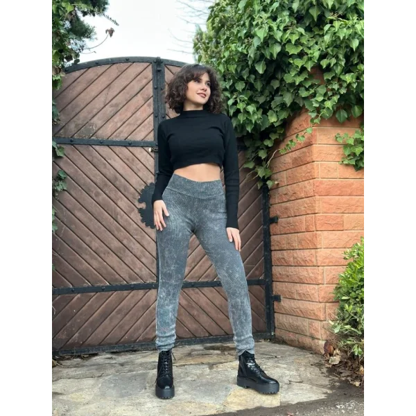 Kadın Yüksek Bel Yıkamalı Kaşkorse Kumaş Tayt