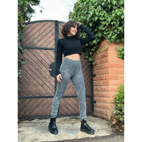 Kadın Yüksek Bel Yıkamalı Kaşkorse Kumaş Tayt