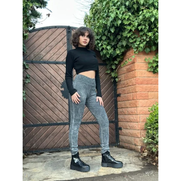 Kadın Yüksek Bel Yıkamalı Kaşkorse Kumaş Tayt