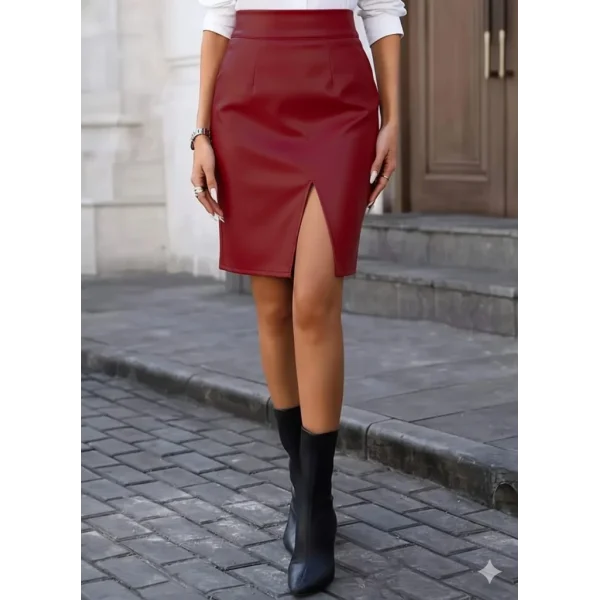 Kadın Yüksek Bel Yırtmaçlı Mini Deri Etek