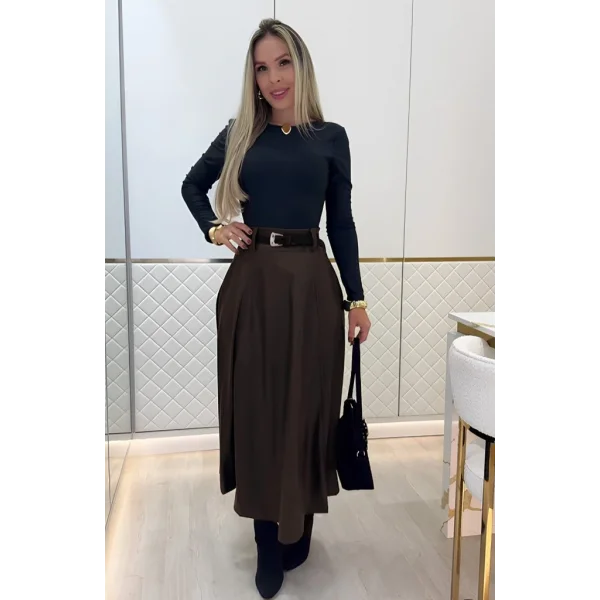 Kadın Yüksek Belli Maxi Deri Kemersiz Etek