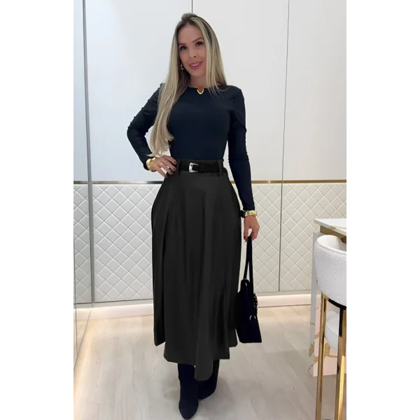 Kadın Yüksek Belli Maxi Deri Kemersiz Etek